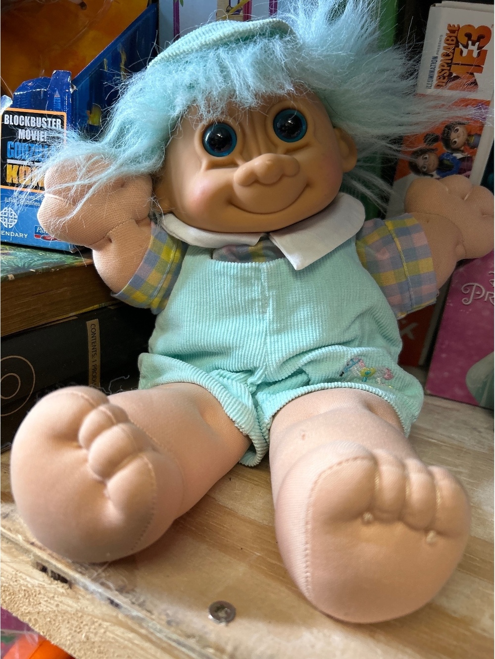 Vintage Plush Troll Doll with Blue Hair and Soft Fabric Body